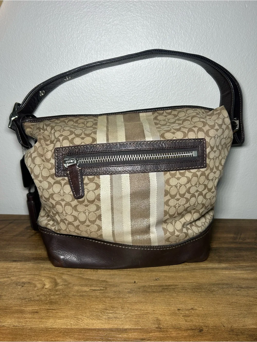 Coach Brown & Cream Signature Stripe Shoulder Bag